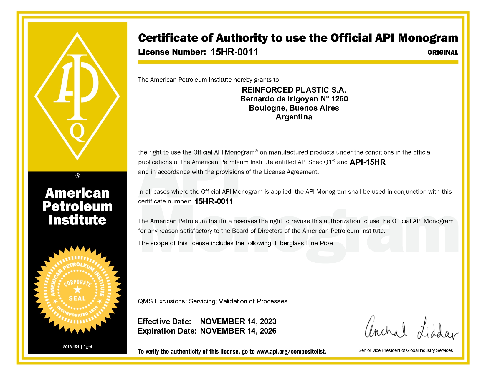 Certificado API 15HR